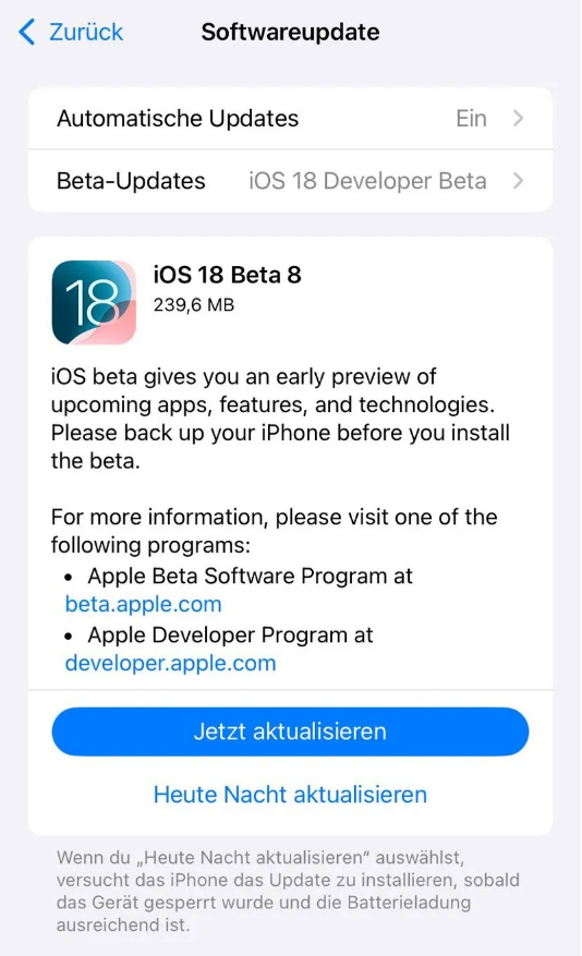 仁化苹果手机维修分享苹果 iOS / iPadOS 18 开发者预览版 Beta 8 发布 